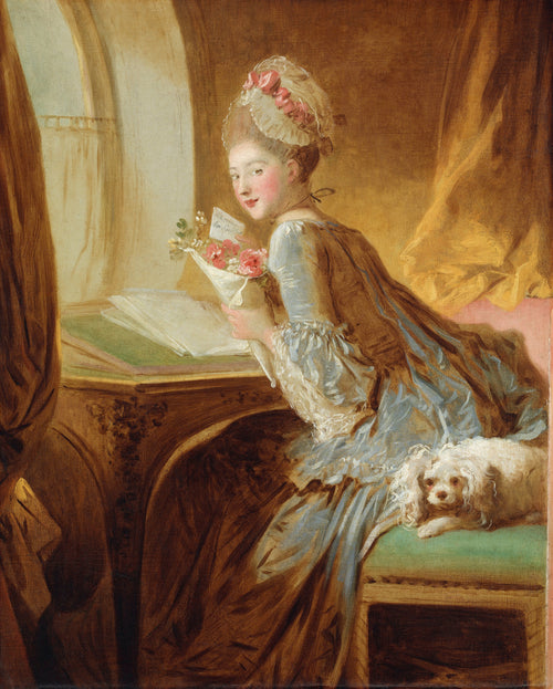 The Love Letter by Jean-Honoré Fragonard — A woman in blue satin turns from her desk with a posy and a note