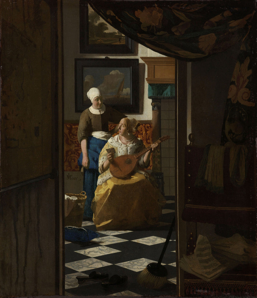 Johannes Vermeer — The Love Letter | Fine Art Print shown to scale on a wall above a sofa