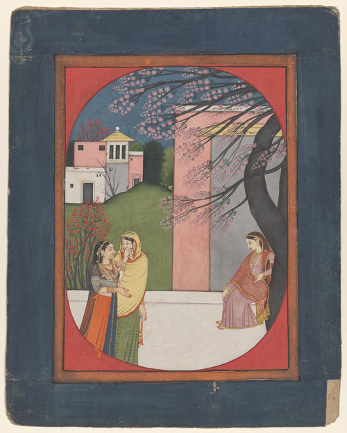 The Lovelorn Heroine by Pahari school — A heroine sits apart beneath a blossoming tree while two women whisper