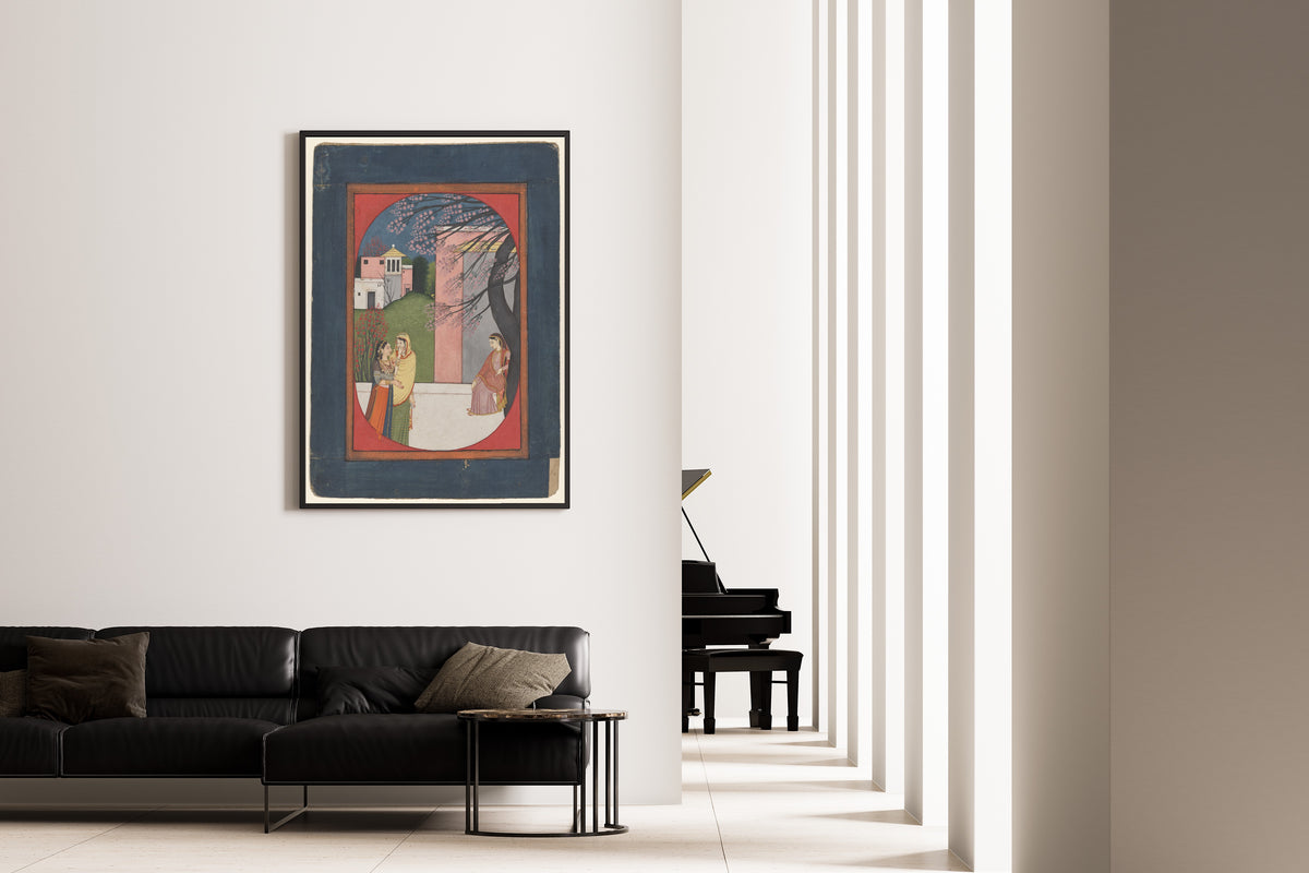 Framed art print of The Lovelorn Heroine by Pahari school, on the wall of a minimal living room