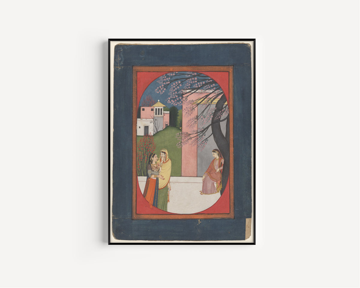 Framed art print of The Lovelorn Heroine by Pahari school, in a slim black frame on a plain white wall
