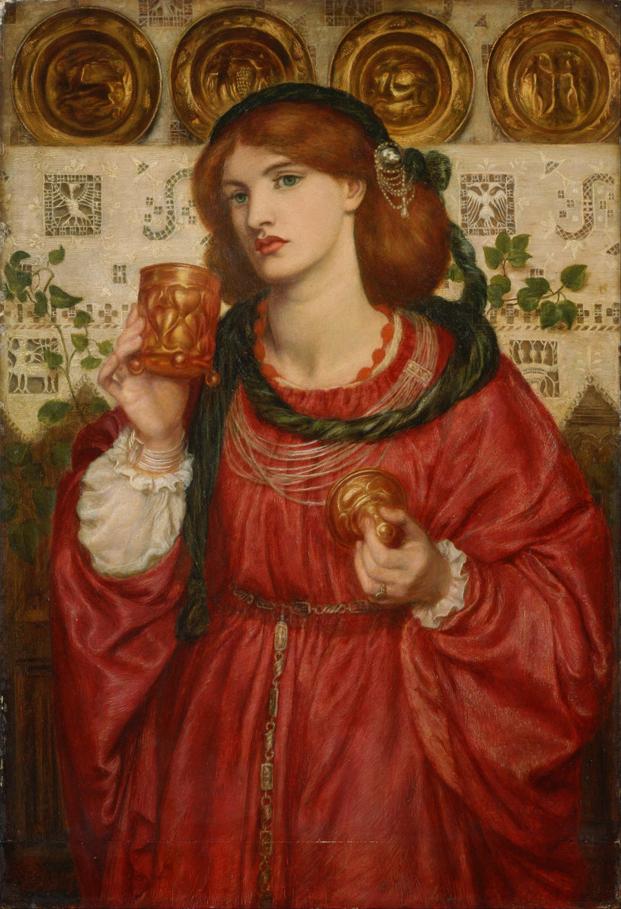 Dante Gabriel Rossetti — The Loving Cup | Pre-Raphaelite Art Print shown to scale on a wall above a sofa