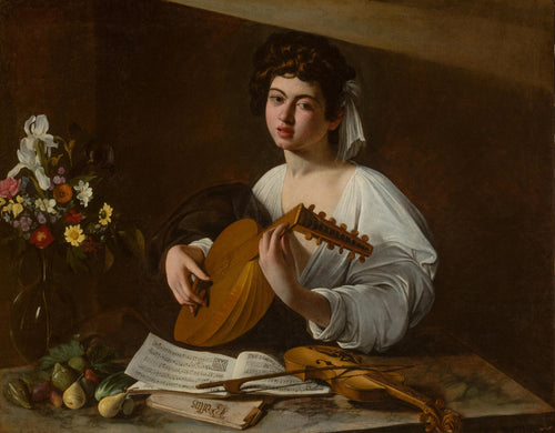 The Lute Player by Caravaggio — A young musician turns from his lute beside flowers and fruit