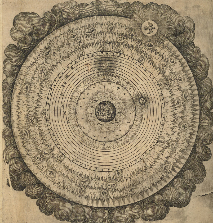 Robert Fludd — The Macrocosm: Concentric Spheres in Clouds (Utriusque Cosmi, Tractatus Primus) | Alchemical Engraving Print shown to scale on a wall above a sofa
