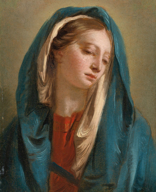 The Madonna Facing Front and Wearing a Blue Cloak by Giovanni Battista Tiepolo — A Madonna bows her head under a blue hood and cream veil