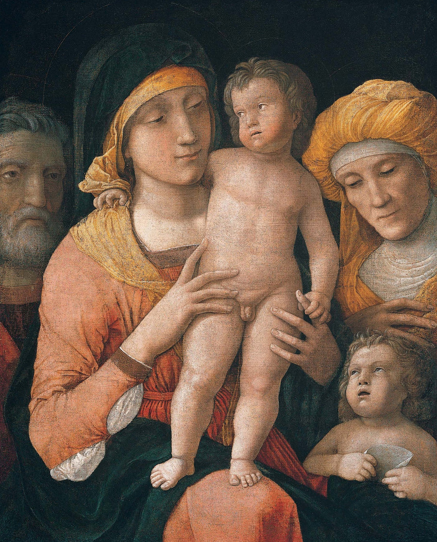 Andrea Mantegna — The Madonna and Child with Saints Joseph, Elizabeth, And John the Baptist | Fine Art Print shown to scale on a wall above a sofa