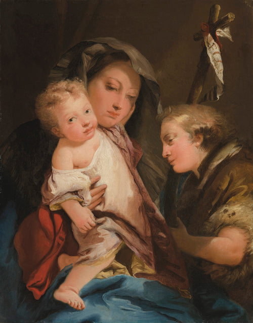 The Madonna and Child with the Infant Saint John the Baptist by Giovanni Domenico Tiepolo — A hooded mother holds her fair-haired child as a young saint bows in