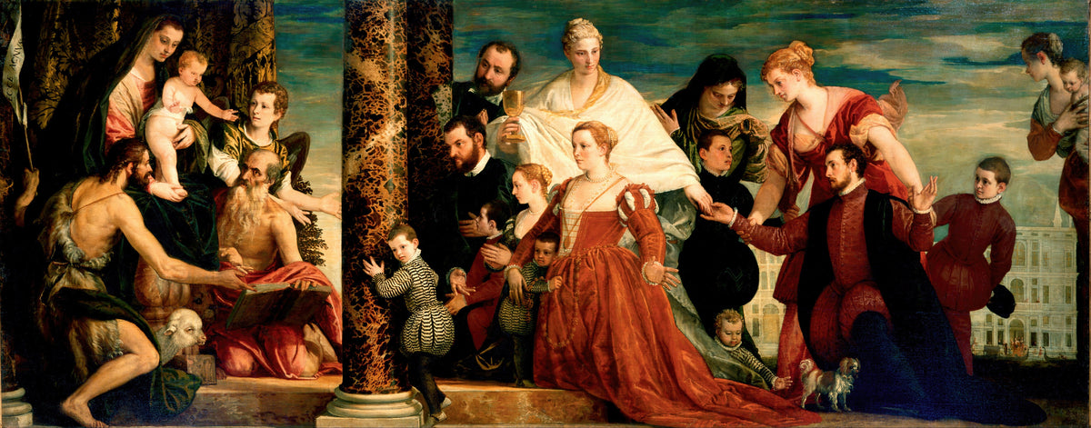 The Madonna of the Cuccina Family by Paolo Veronese — A family kneels and stands in red before the Madonna