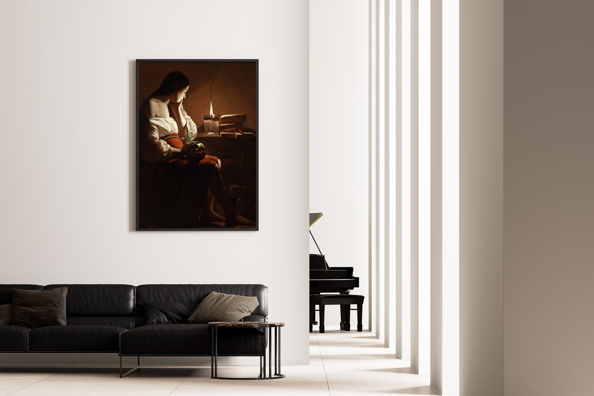 Framed art print of The Magdalen with the Smoking Flame by Georges de La Tour, on the wall of a minimal living room