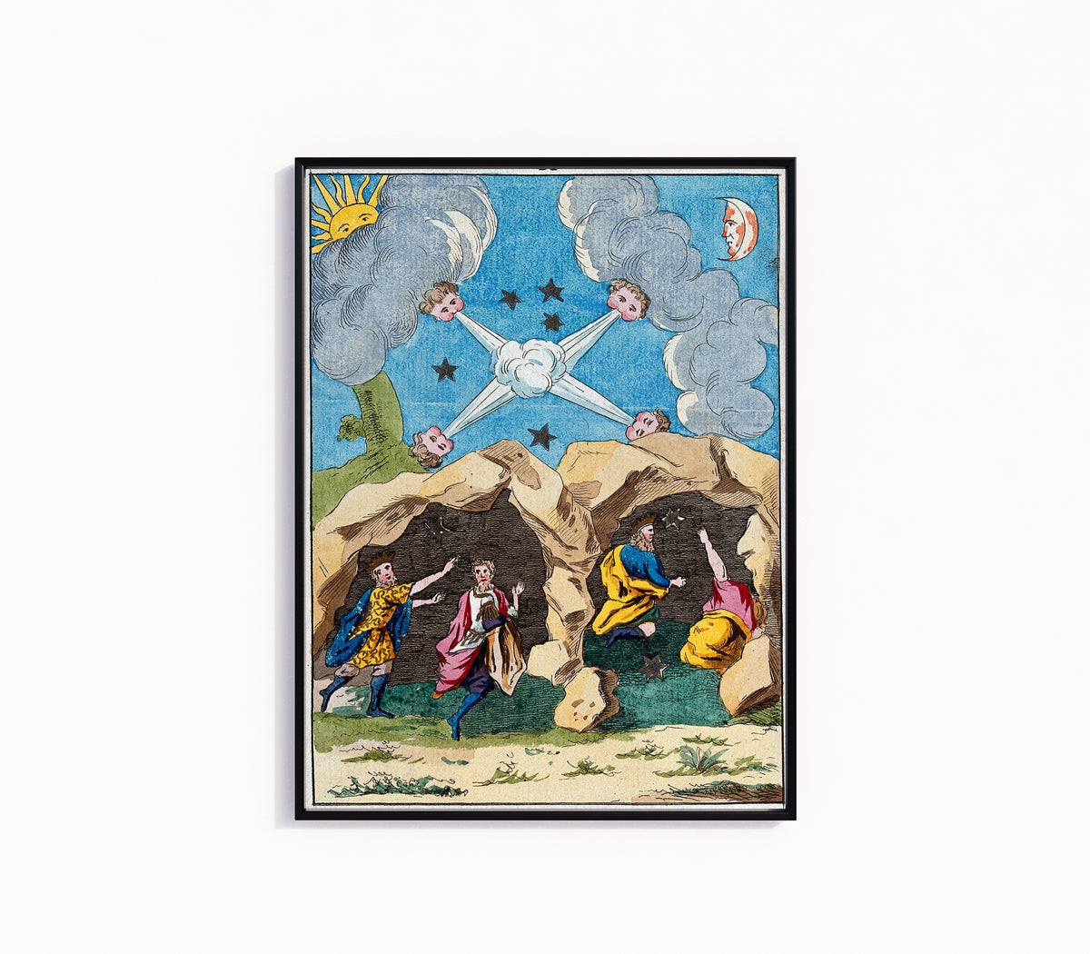 Framed art print of The Magi Sheltering in a Cave by After Nicolas Flamel, in a slim black frame on a plain white wall
