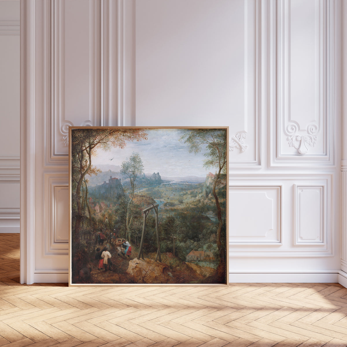 Framed art print of The Magpie on the Gallows by Pieter Bruegel the Elder, leaning against pale pink panelling on a herringbone floor