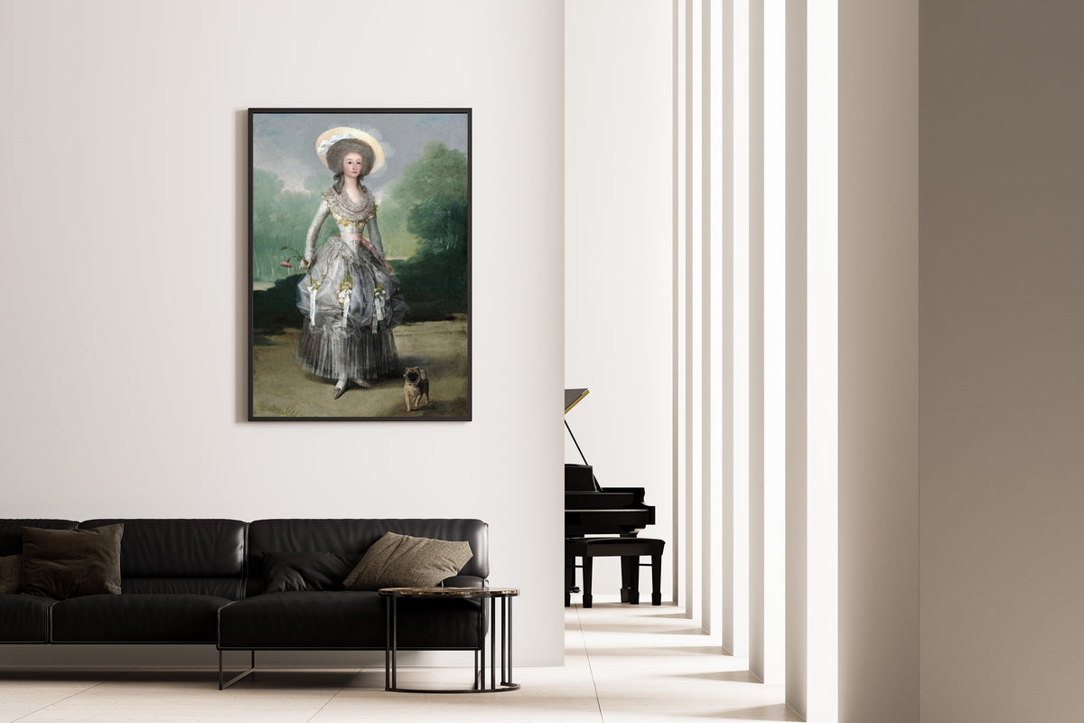 Framed art print of The Marquesa de Pontejos by Francisco de Goya, on the wall of a minimal living room