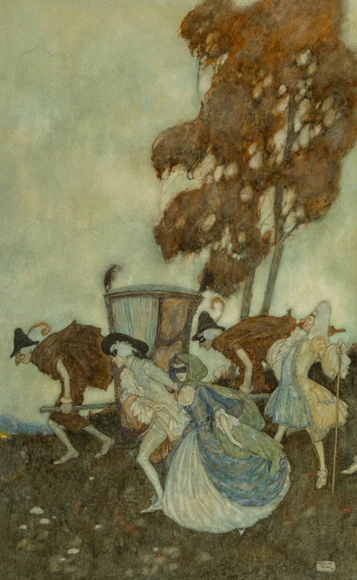 The Masqueraders by Edmund Dulac — Masked figures hurry beside a sedan chair at dusk