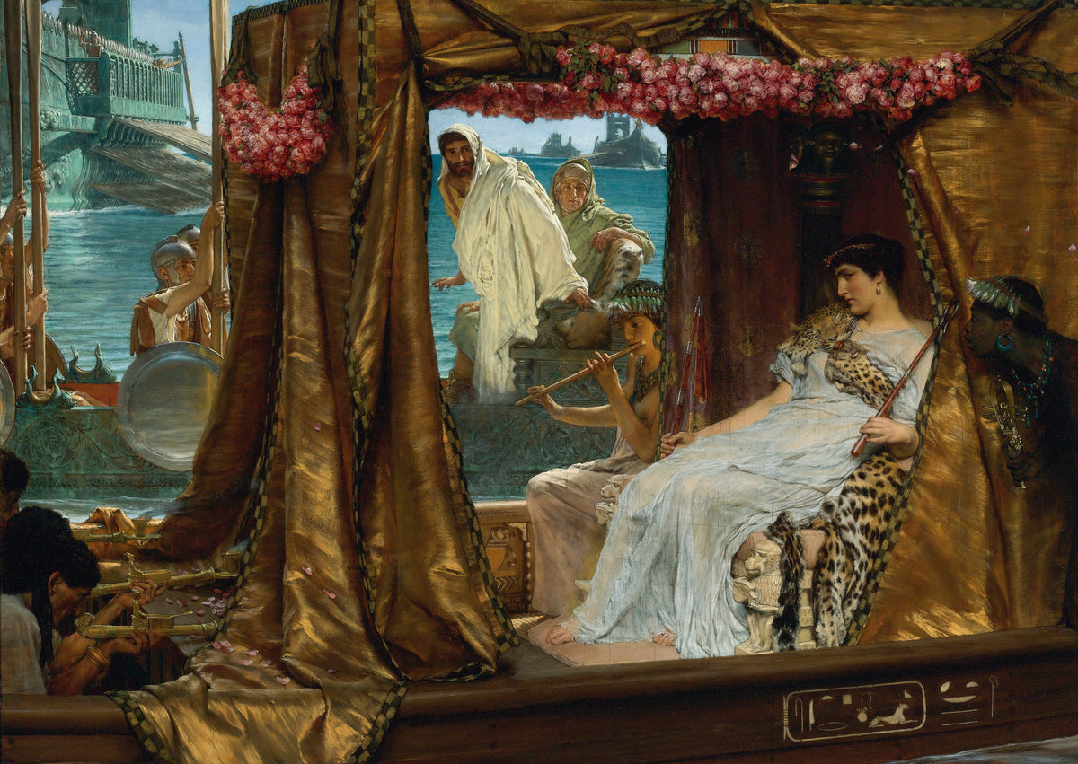 The Meeting of Antony and Cleopatra: 41 BC by Lawrence Alma-Tadema — Cleopatra waits on her rose-hung barge as Antony's galley draws near