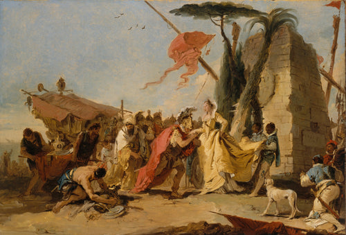 The Meeting of Antony and Cleopatra by Giovanni Battista Tiepolo — A helmeted commander kisses the hand of a queen in yellow silk
