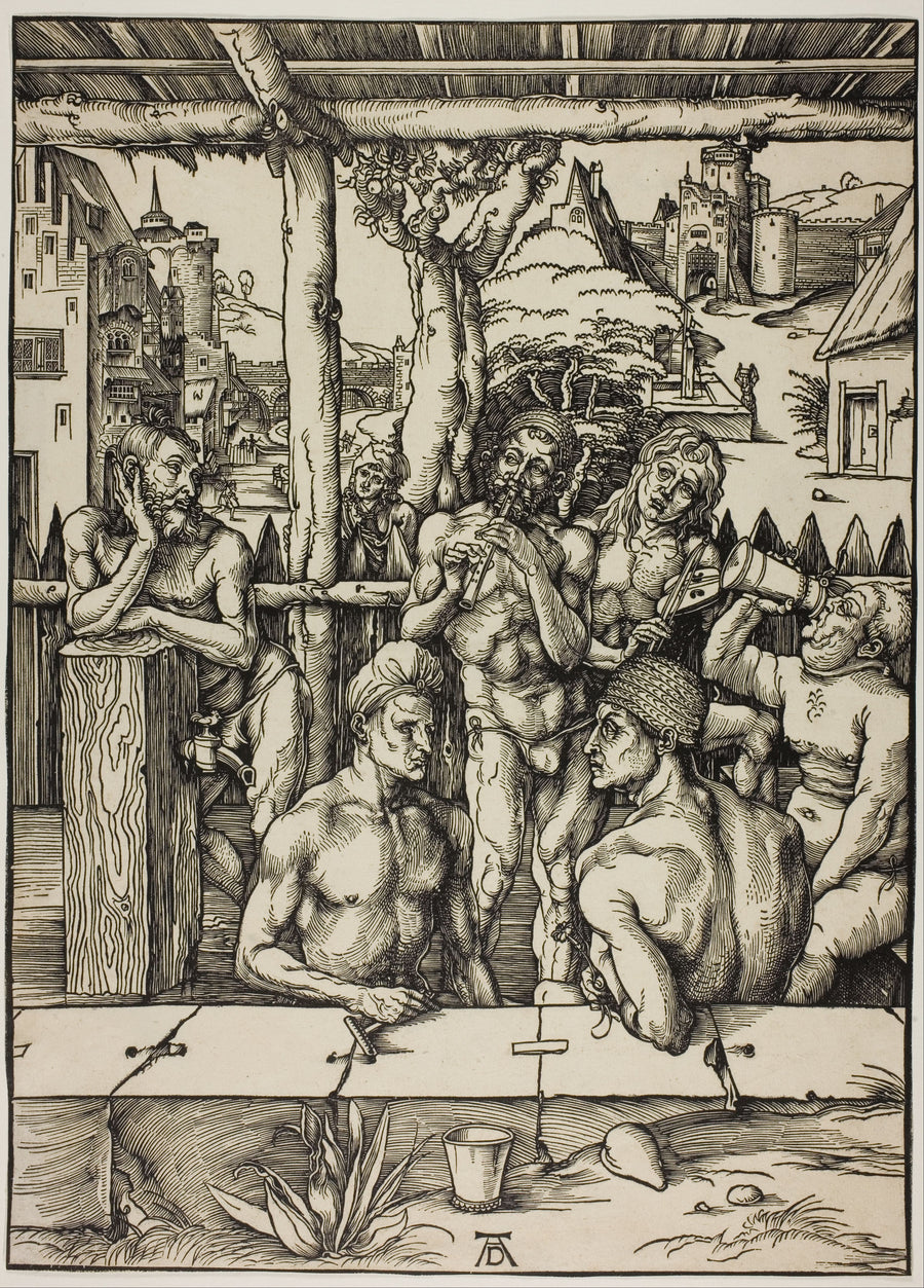 Albrecht Dürer — The Men’s Bath | Woodcut Print shown to scale on a wall above a sofa