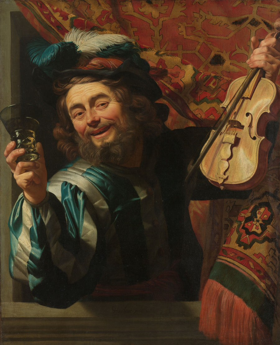 Gerrit van Honthorst — The Merry Fiddler | Fine Art Print shown to scale on a wall above a sofa