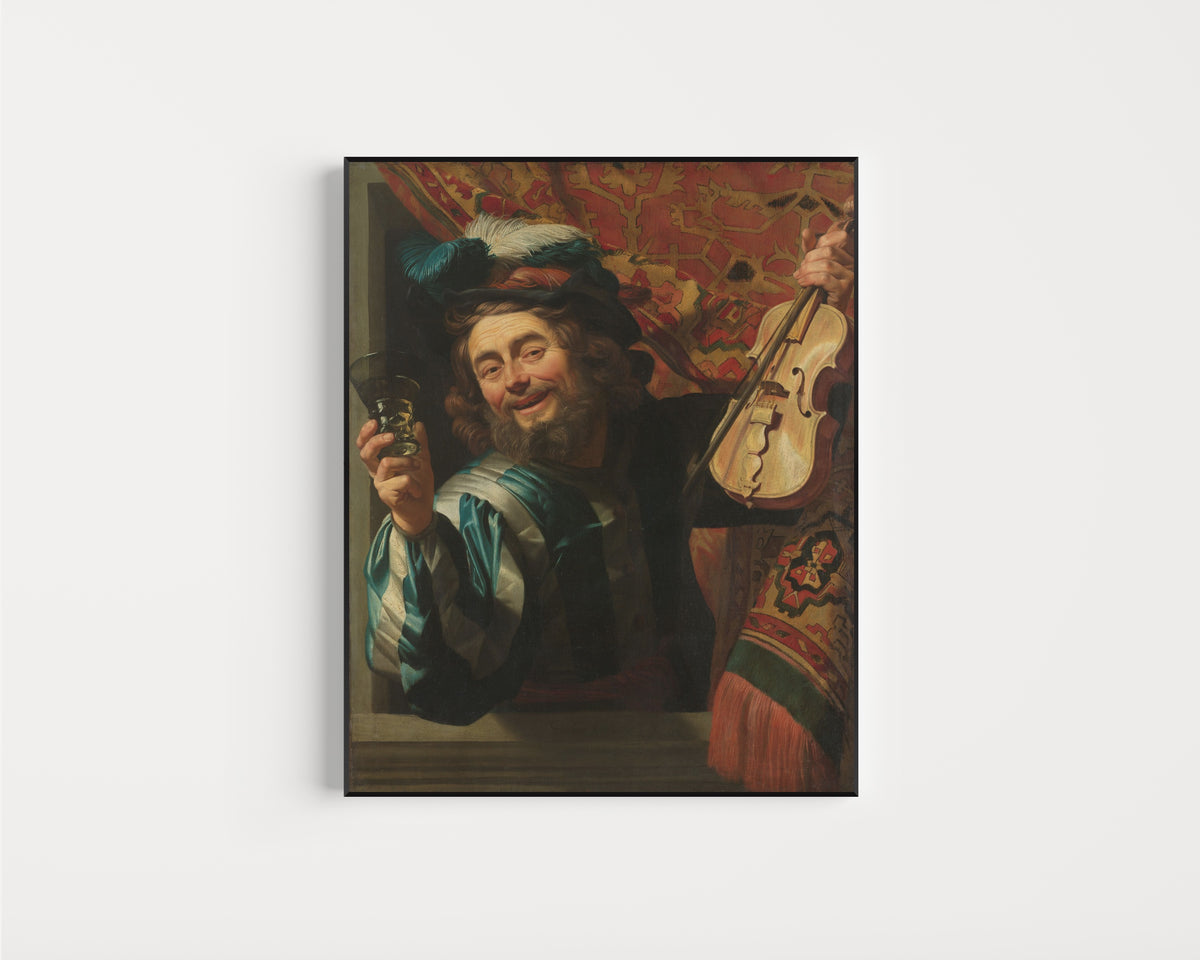 Framed art print of The Merry Fiddler by Gerrit van Honthorst, in a slim black frame on a plain white wall