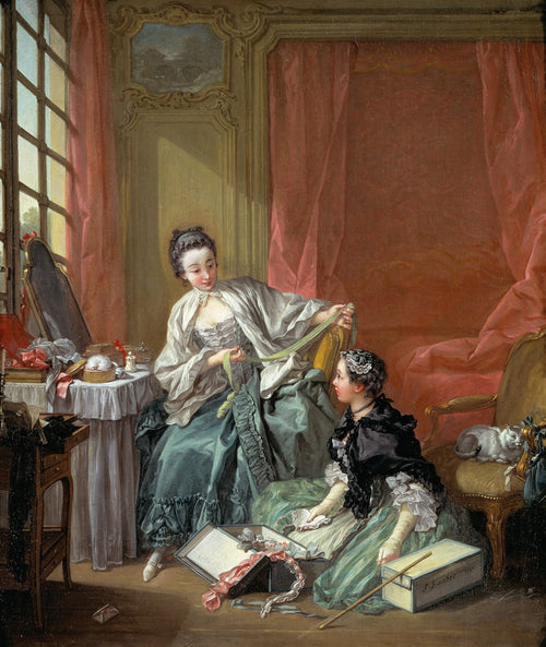 The Milliner by François Boucher — A milliner shows ribbons and lace in a lady's morning room