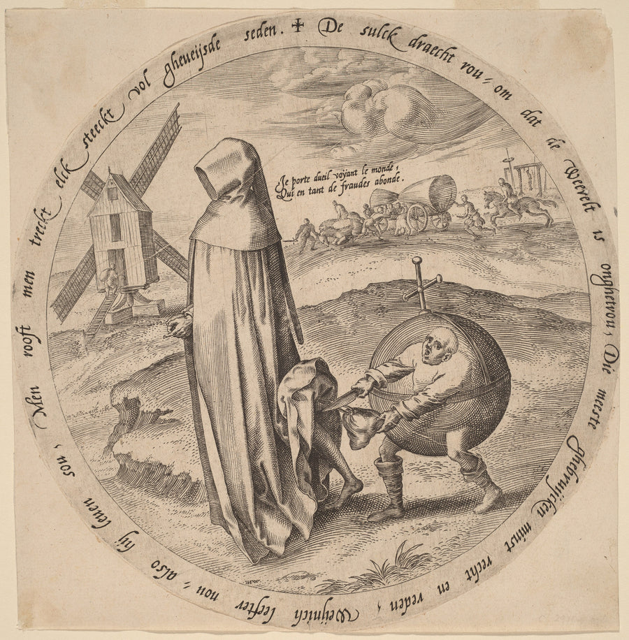 Pieter Bruegel the Elder — The Misanthrope Robbed by the World | Engraving Print shown to scale on a wall above a sofa