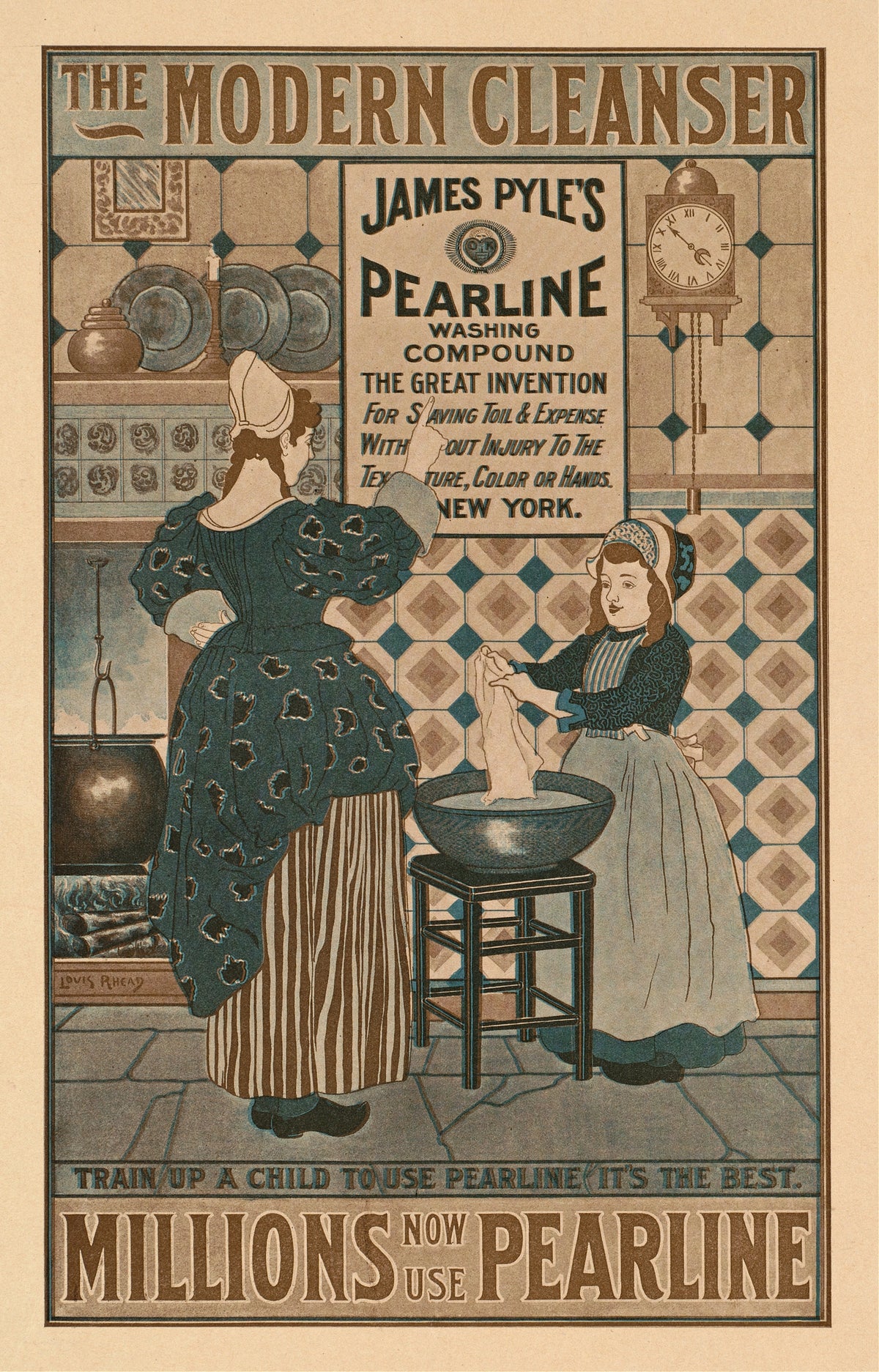 The Modern Cleanser, Millions Now Use Pearline by Louis Rhead — A woman points at the notice as a girl washes cloth in a tub