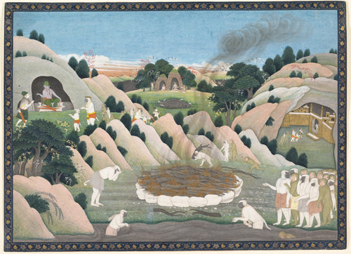 The Monkey King Vali's Funeral Pyre by Kangra school — Monkeys mourn around a funeral pyre among rose-coloured hills