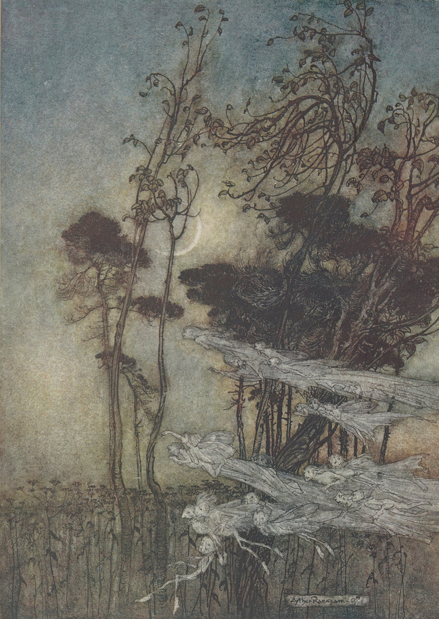 Arthur Rackham — The Moon, Like to a Silver Bow New-Bent in Heaven | Shakespeare Illustration Print shown to scale on a wall above a sofa
