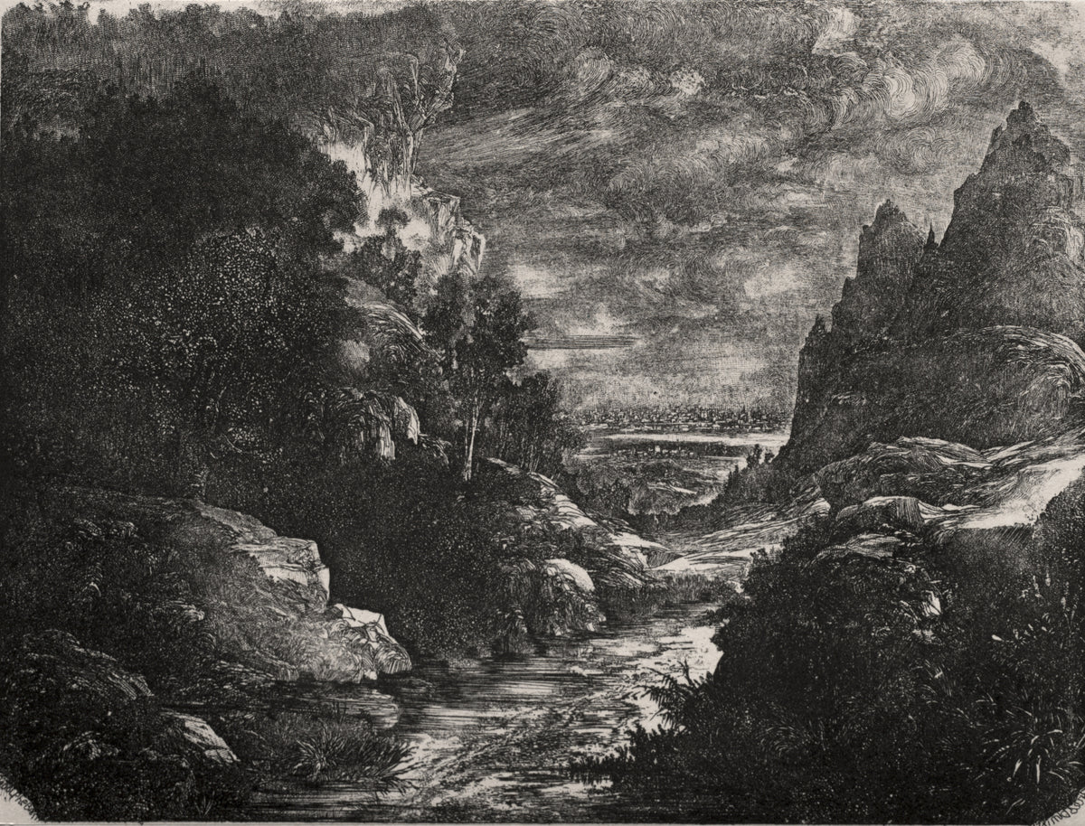 The Mountain Stream by Rodolphe Bresdin — A stream winds out of a rocky gorge toward a far-off city