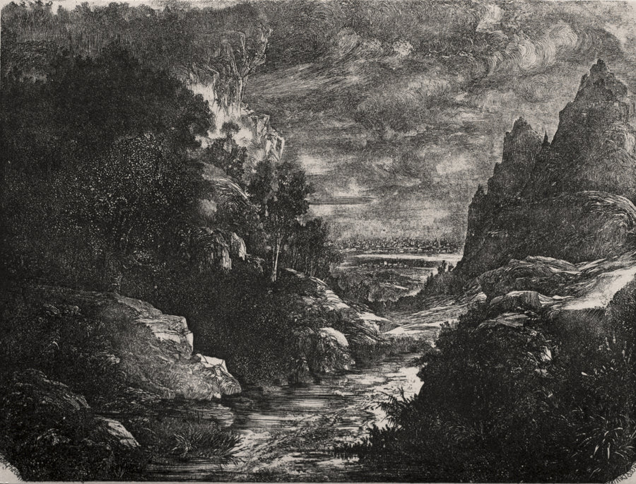 Rodolphe Bresdin — The Mountain Stream | Lithograph Print shown to scale on a wall above a sofa