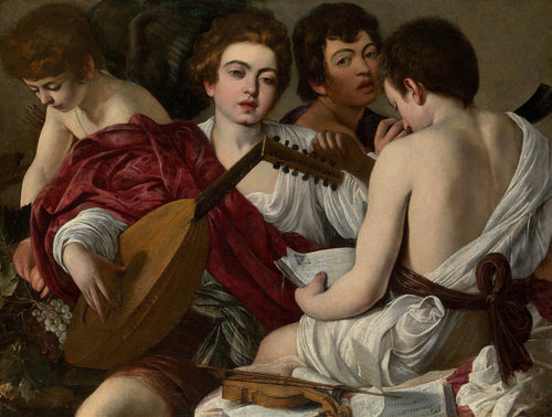 The Musicians by Caravaggio — Four youths with a lute, a violin and sheet music at close quarters