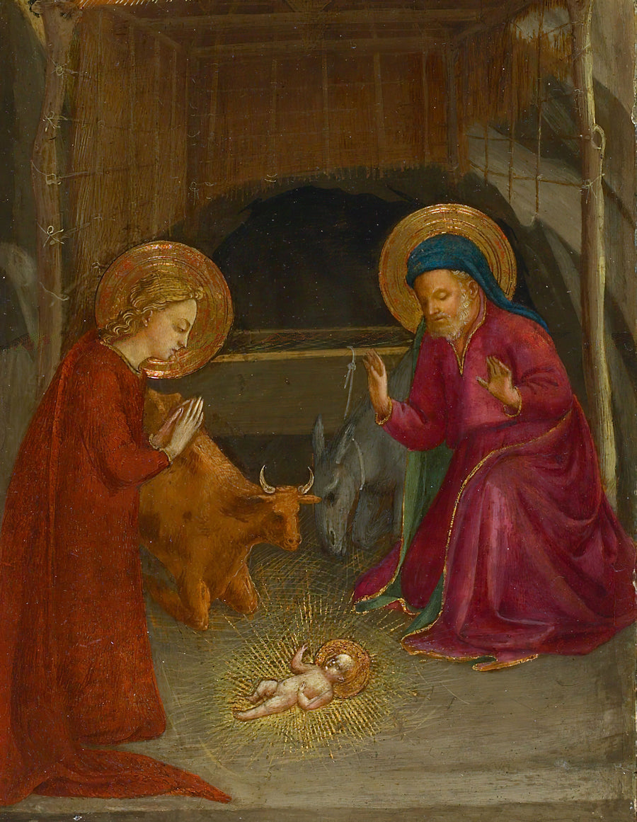 Fra Angelico — The Nativity | Christmas Art Print shown to scale on a wall above a sofa