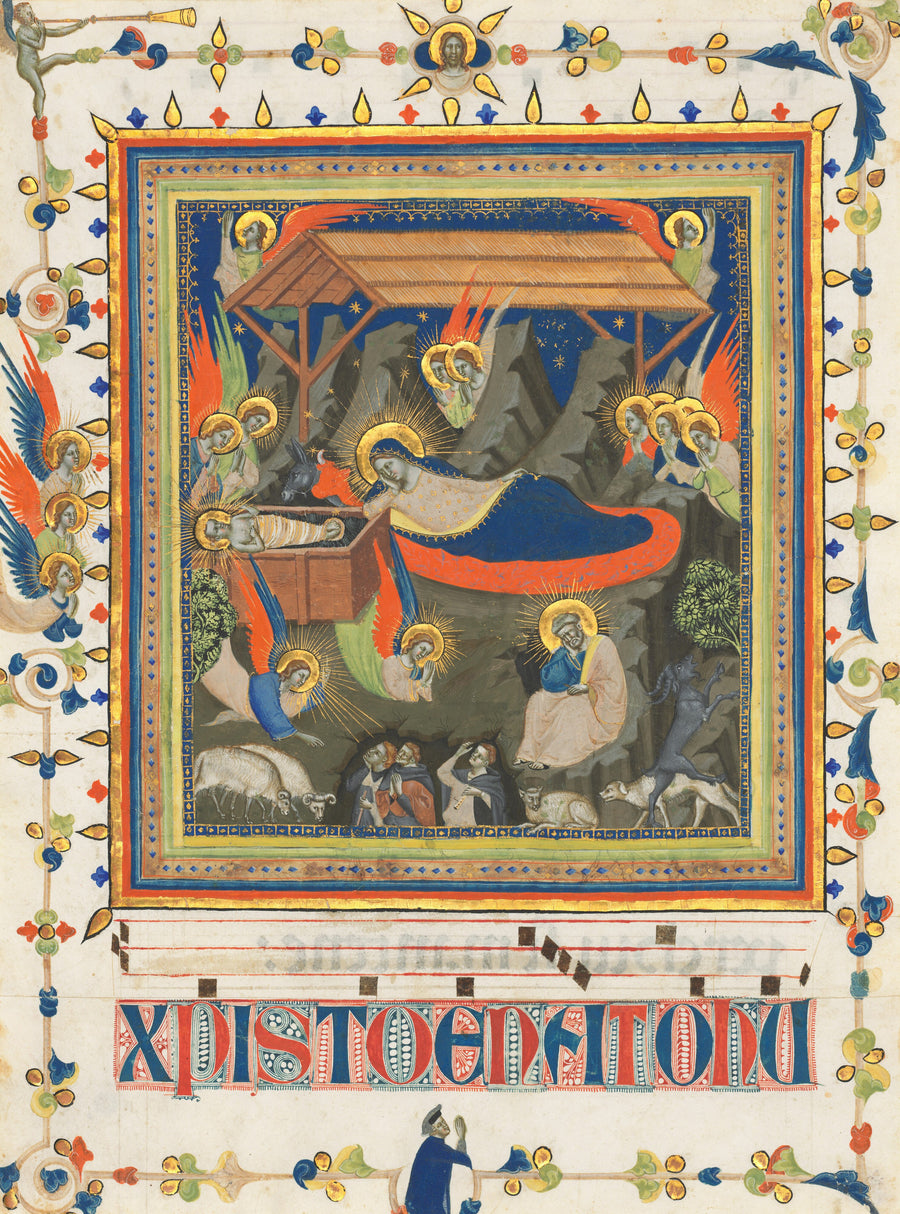 Master of the Dominican Effigies — The Nativity with the Annunciation to the Shepherds | Illuminated Manuscript Print shown to scale on a wall above a sofa