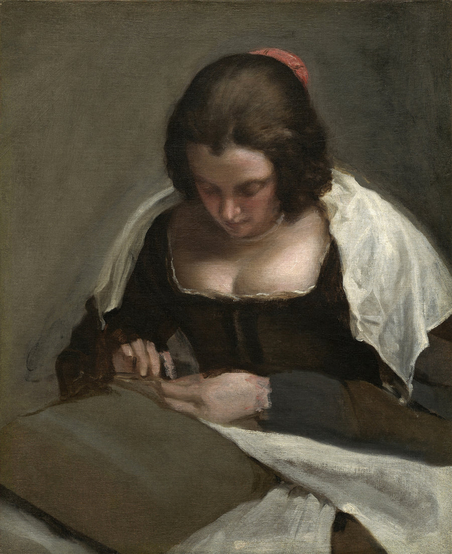 Diego Velázquez — The Needlewoman | Fine Art Print shown to scale on a wall above a sofa