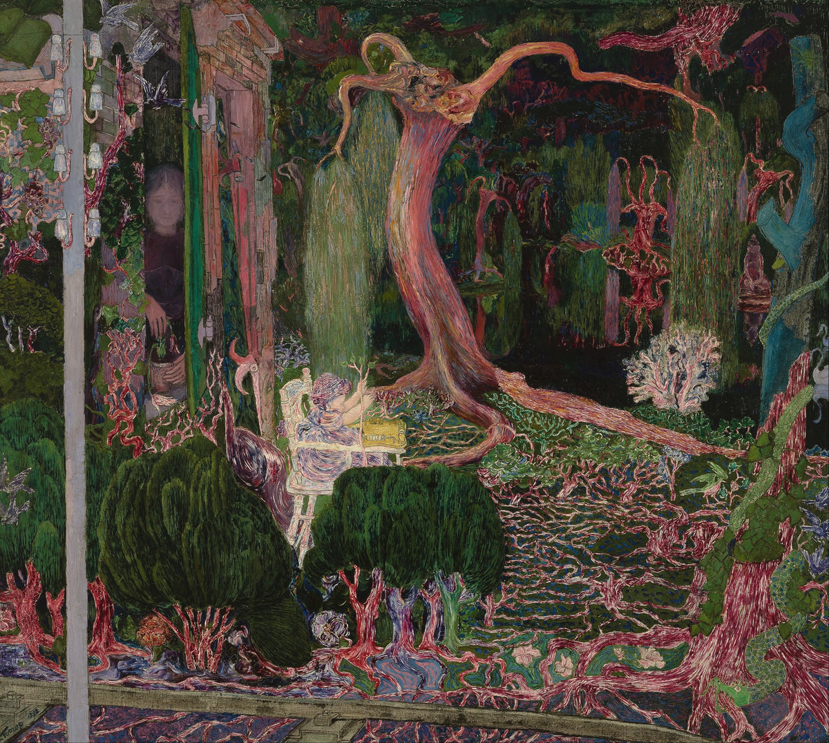 The New Generation by Jan Toorop — A child at a high chair under a swaying pink tree