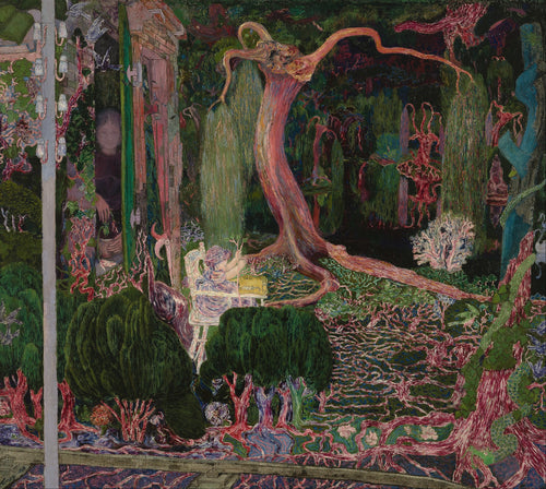 The New Generation by Jan Toorop — A child at a high chair under a swaying pink tree