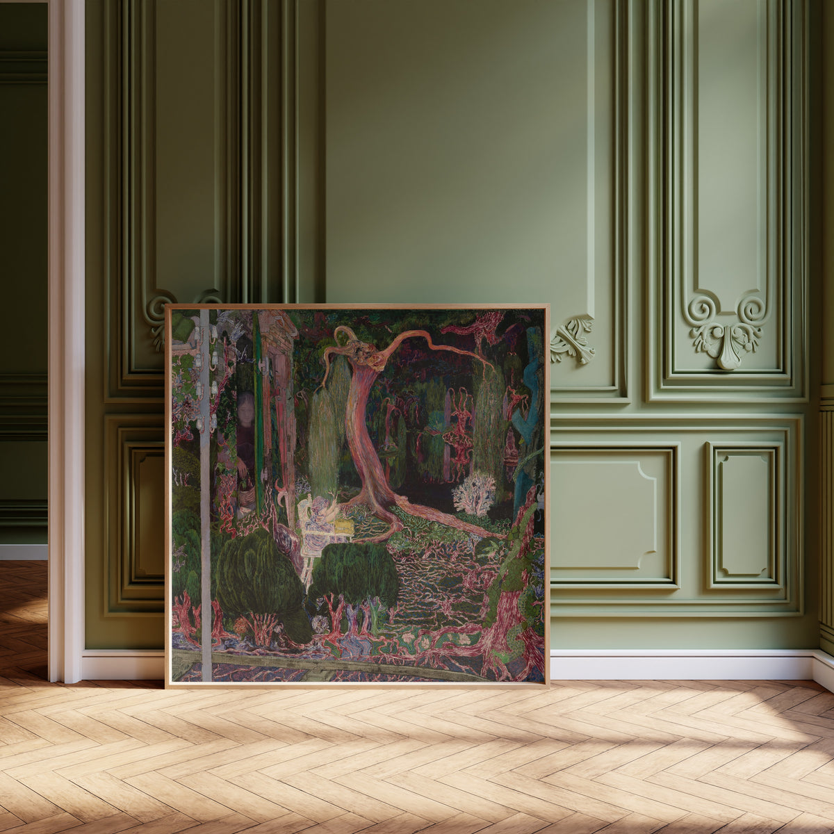 Framed art print of The New Generation by Jan Toorop, leaning against olive-green panelling on a herringbone floor