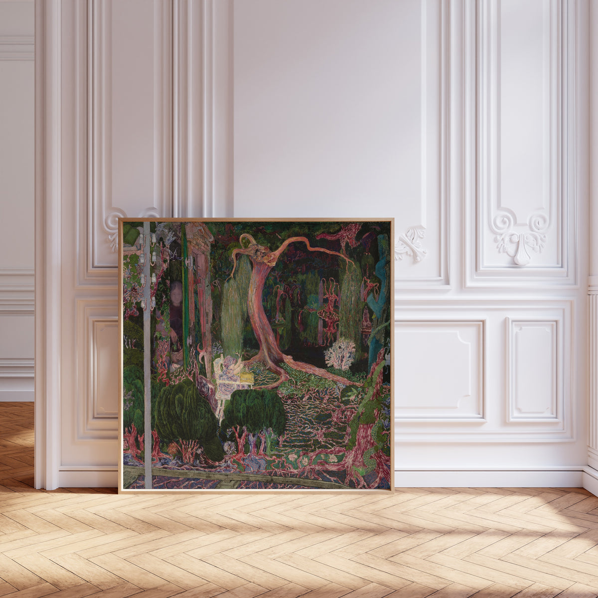 Framed art print of The New Generation by Jan Toorop, leaning against pale pink panelling on a herringbone floor