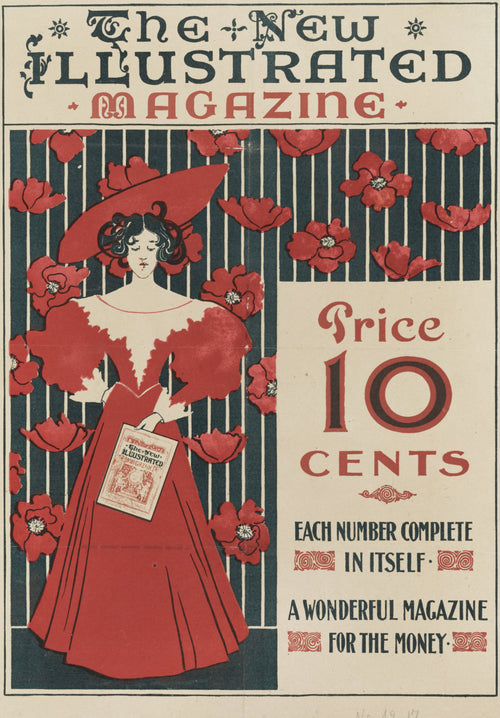 The New Illustrated Magazine by Ethel Reed — A woman in a red gown and wide hat holds a magazine among poppies