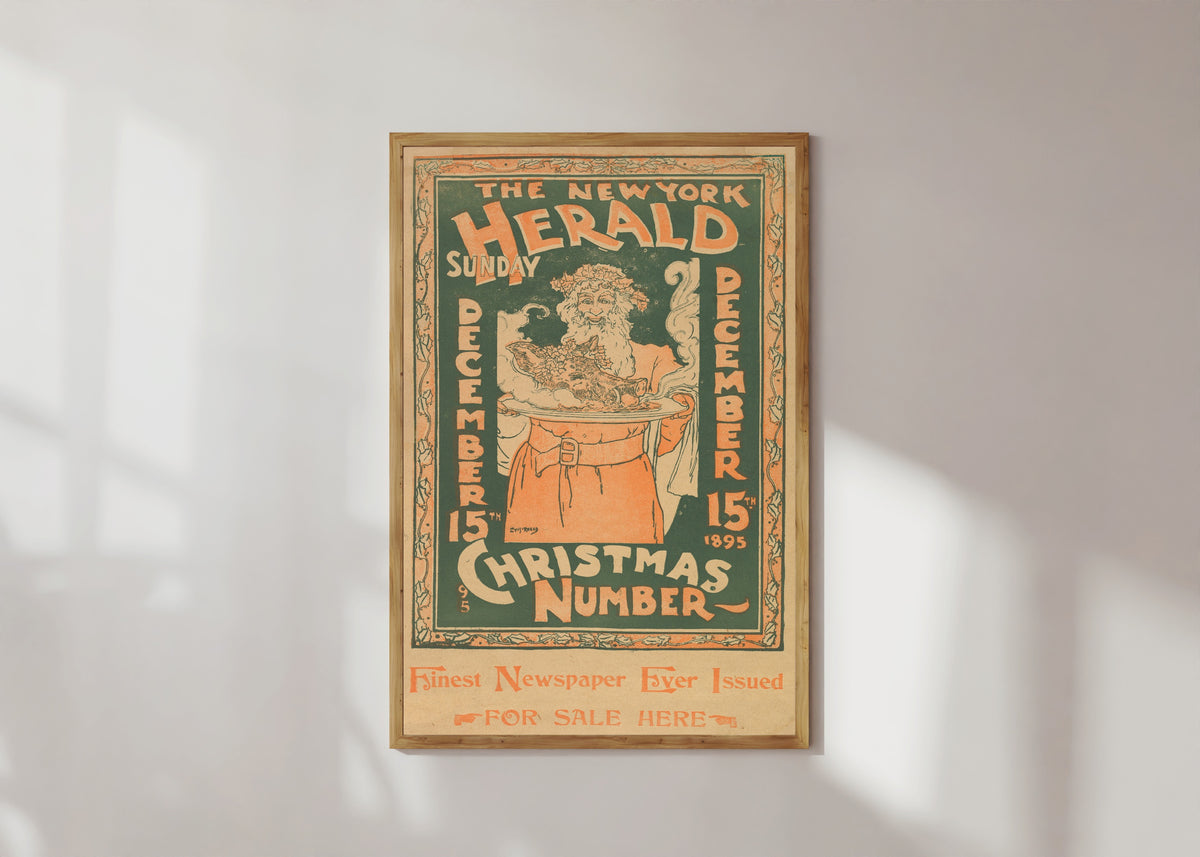 Framed art print of The New York Herald, Sunday, December 15 by Louis Rhead, in a light wood frame on a sunlit white wall
