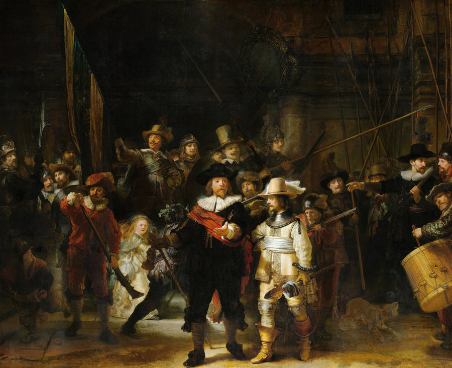 Rembrandt van Rijn — The Night Watch, Militia Company of District II under the Command of Captain Frans Banninck Cocq | Fine Art Print shown to scale on a wall above a sofa