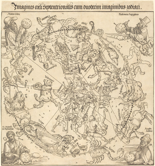 The Northern Celestial Hemisphere by Albrecht Dürer — Constellations drawn as figures and beasts round the northern sky