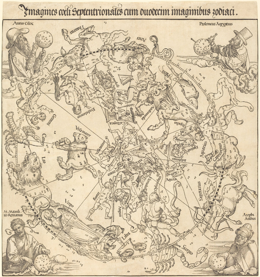Albrecht Dürer — The Northern Celestial Hemisphere | Woodcut Print shown to scale on a wall above a sofa