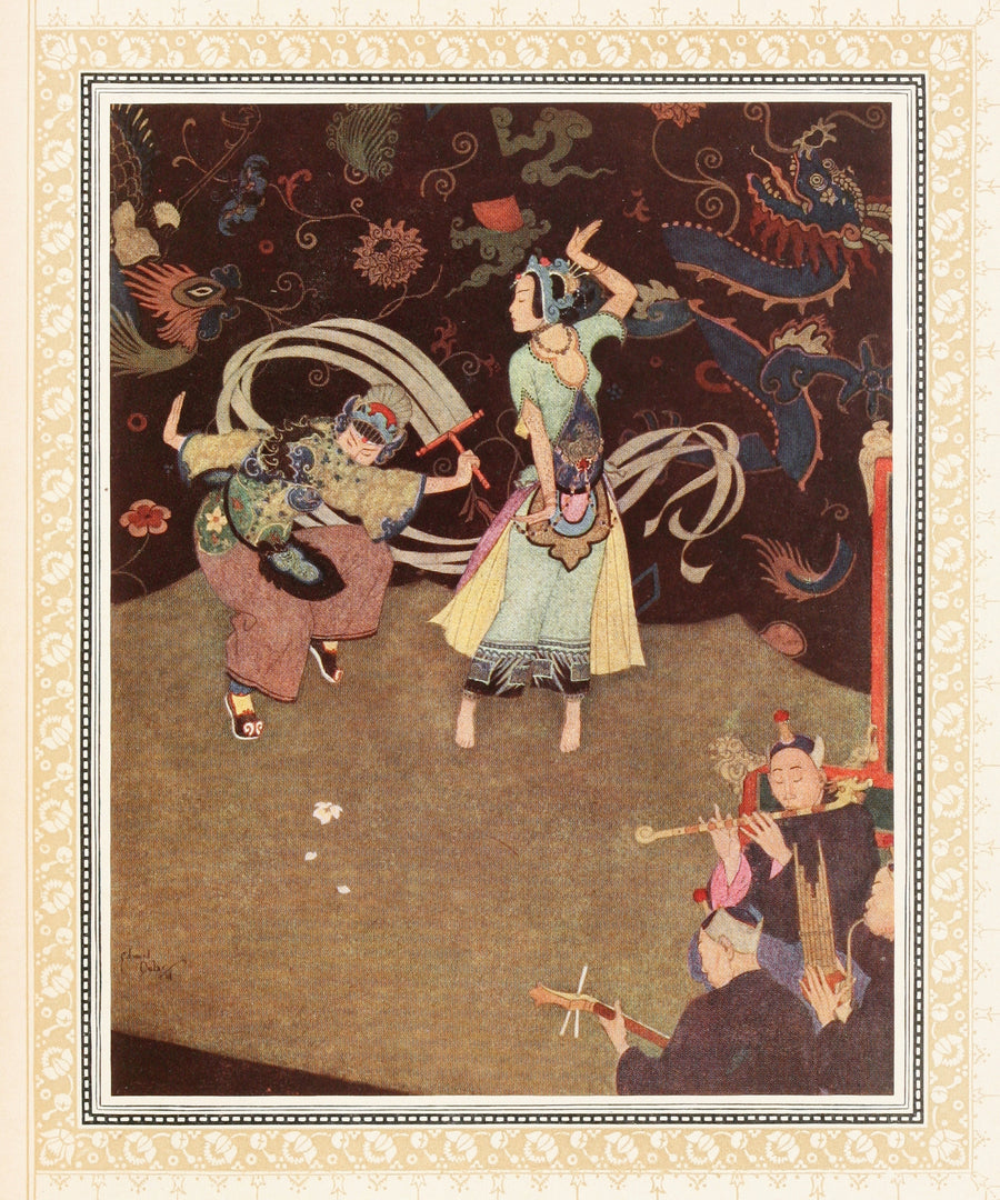 Edmund Dulac — The Nuptial Dance of Aladdin and the Lady Bedr-el-Budur | Fantasy Illustration Print shown to scale on a wall above a sofa