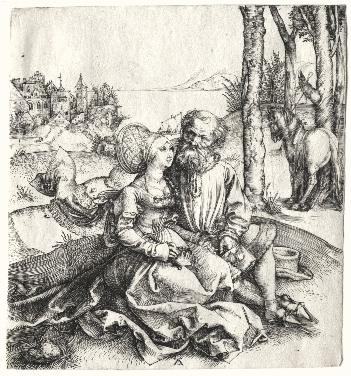 The Offer of Love (or the Ill-Assorted Couple) by Albrecht Dürer — An old man in fur and a young woman in an ornate cap on a bank