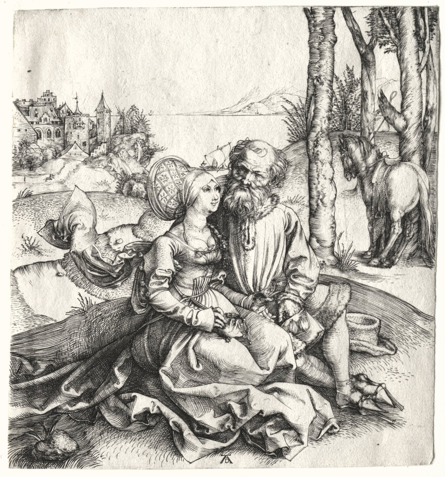 Albrecht Dürer — The Offer of Love (or the Ill-Assorted Couple) | Engraving Print shown to scale on a wall above a sofa