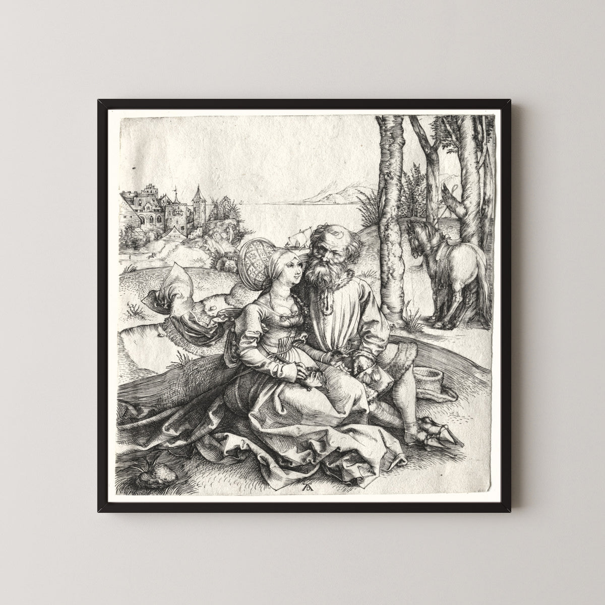 Framed art print of The Offer of Love (or the Ill-Assorted Couple) by Albrecht Dürer, in a black frame on a pale wall
