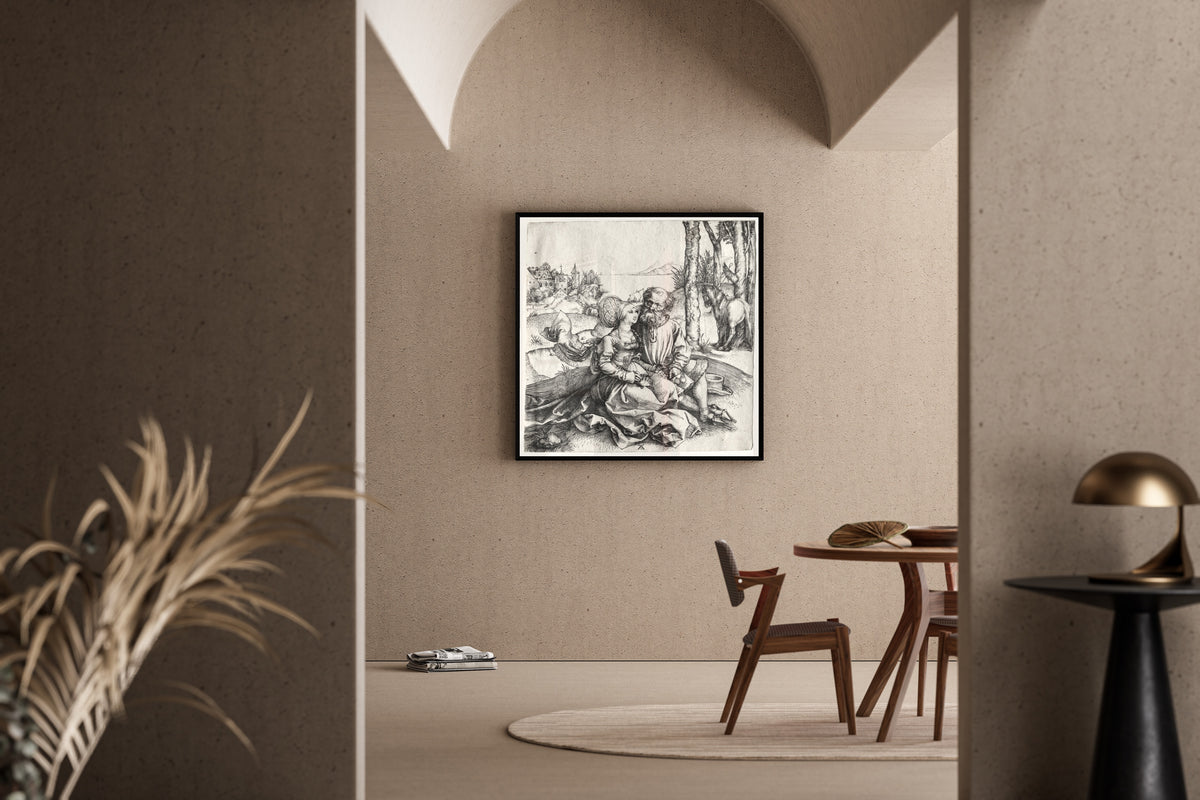 Framed art print of The Offer of Love (or the Ill-Assorted Couple) by Albrecht Dürer, in a sunlit dining corner