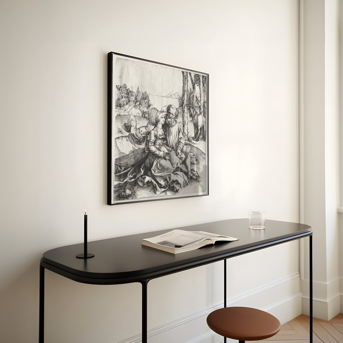Framed art print of The Offer of Love (or the Ill-Assorted Couple) by Albrecht Dürer, above a slim black console table