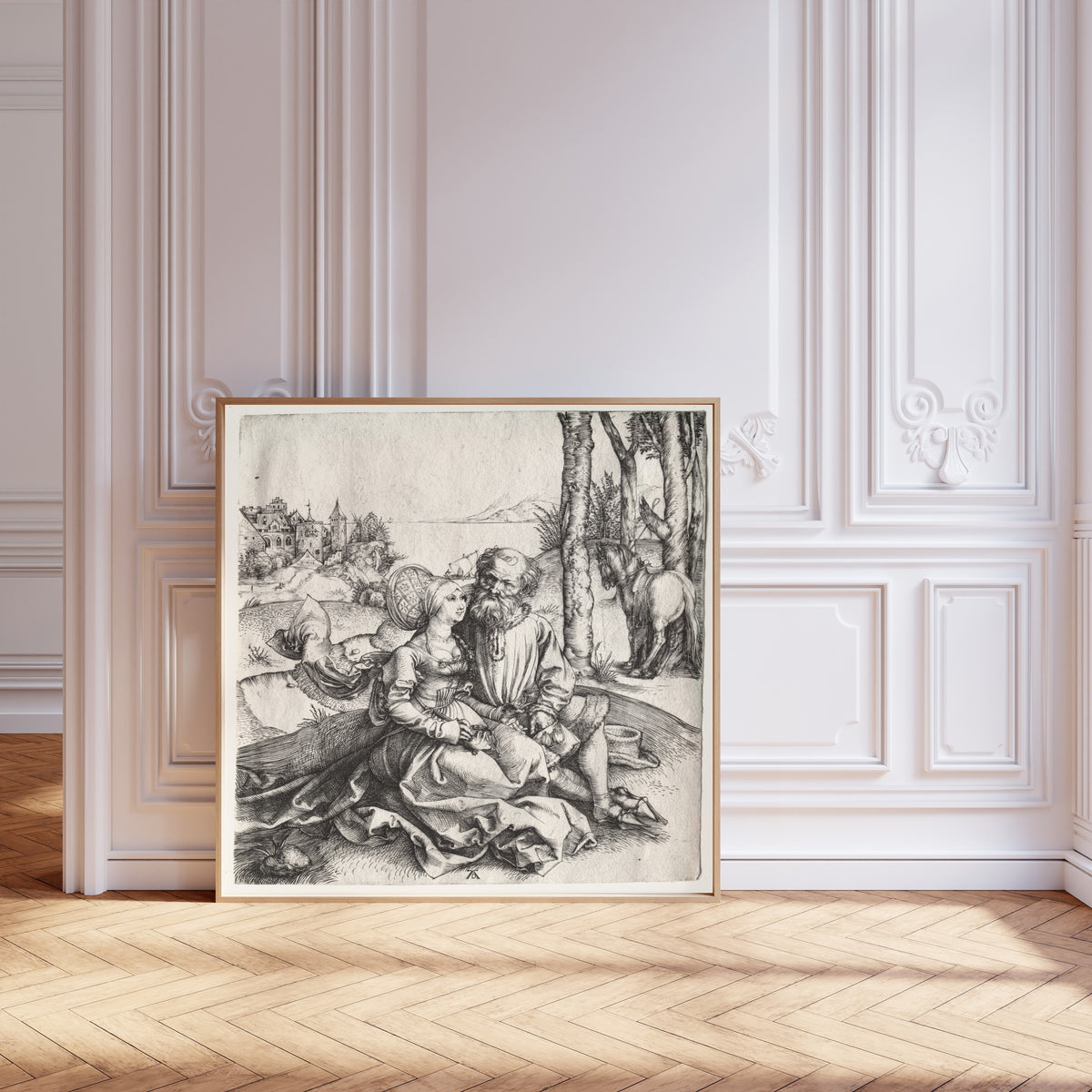 Framed art print of The Offer of Love (or the Ill-Assorted Couple) by Albrecht Dürer, leaning against pale pink panelling on a herringbone floor