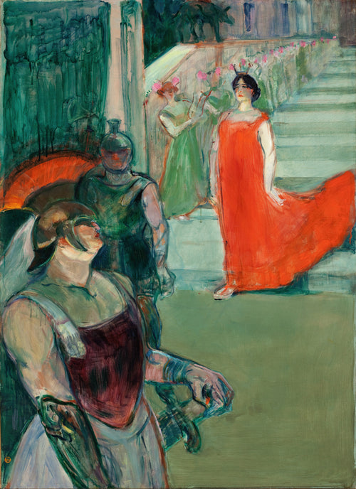 The Opera 'Messalina' at Bordeaux by Henri de Toulouse-Lautrec — Messalina in a scarlet gown descends a stair lined with extras